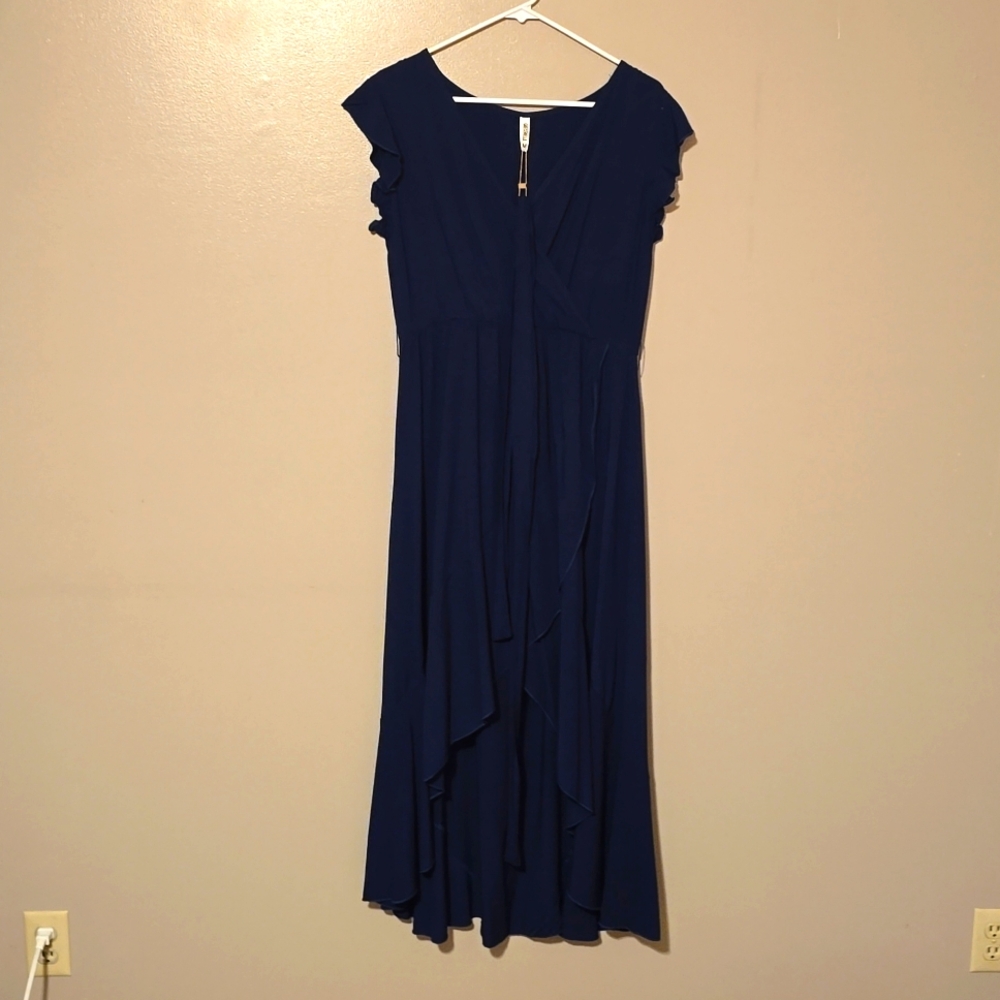 GRECERELLE Womens Belted V-Neck  Bohemian Flowy Long Maxi Dress Navy Size Medium